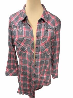 Miss Me Pink Gray Plaid Button Down Shirt Embellished Western Top